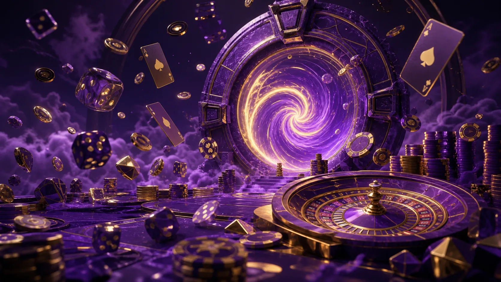 An ultra-high-resolution 16:9 hero banner for Betportal featuring glossy 3D poker chips, neon-lit dice, and gold-covered play
