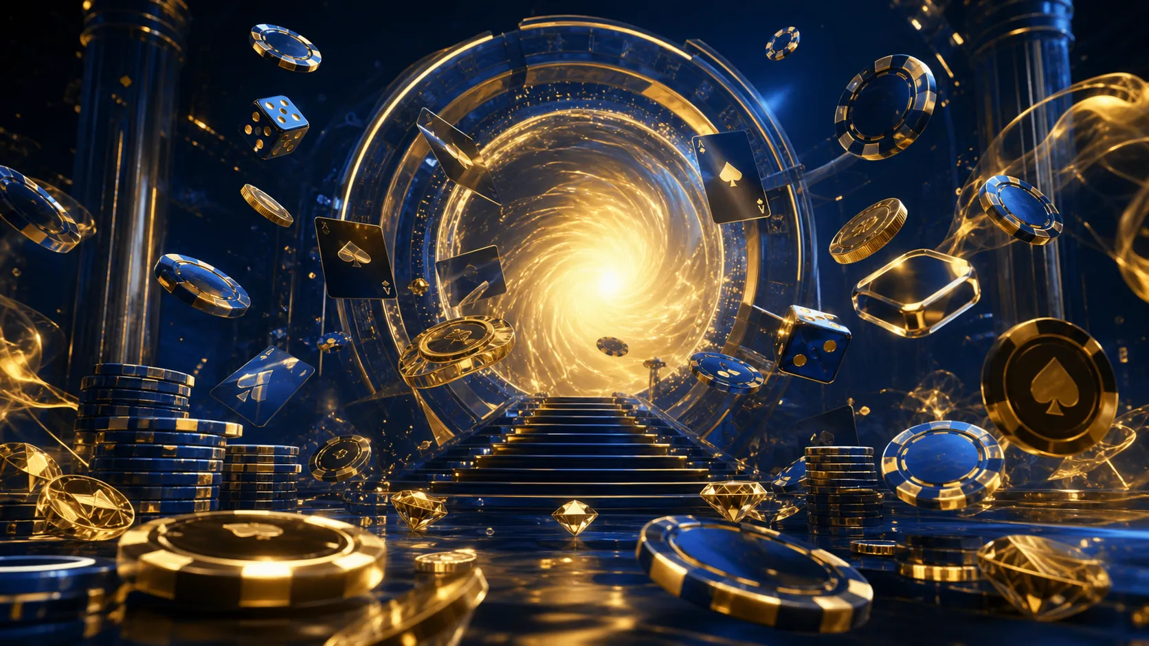 Luxurious casino-themed hero banner for Betportal featuring a glossy 3D render of poker chips and playing cards with gold acc